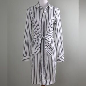NEW Calvin Klein 100% Cotton Tie Waist Shirt Dress - White Blue Black Stripe  4